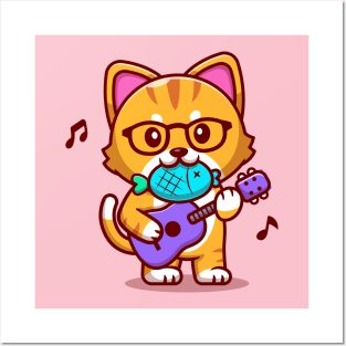 Cute Cat Playing Guitar With Fish Cartoon Posters and Art